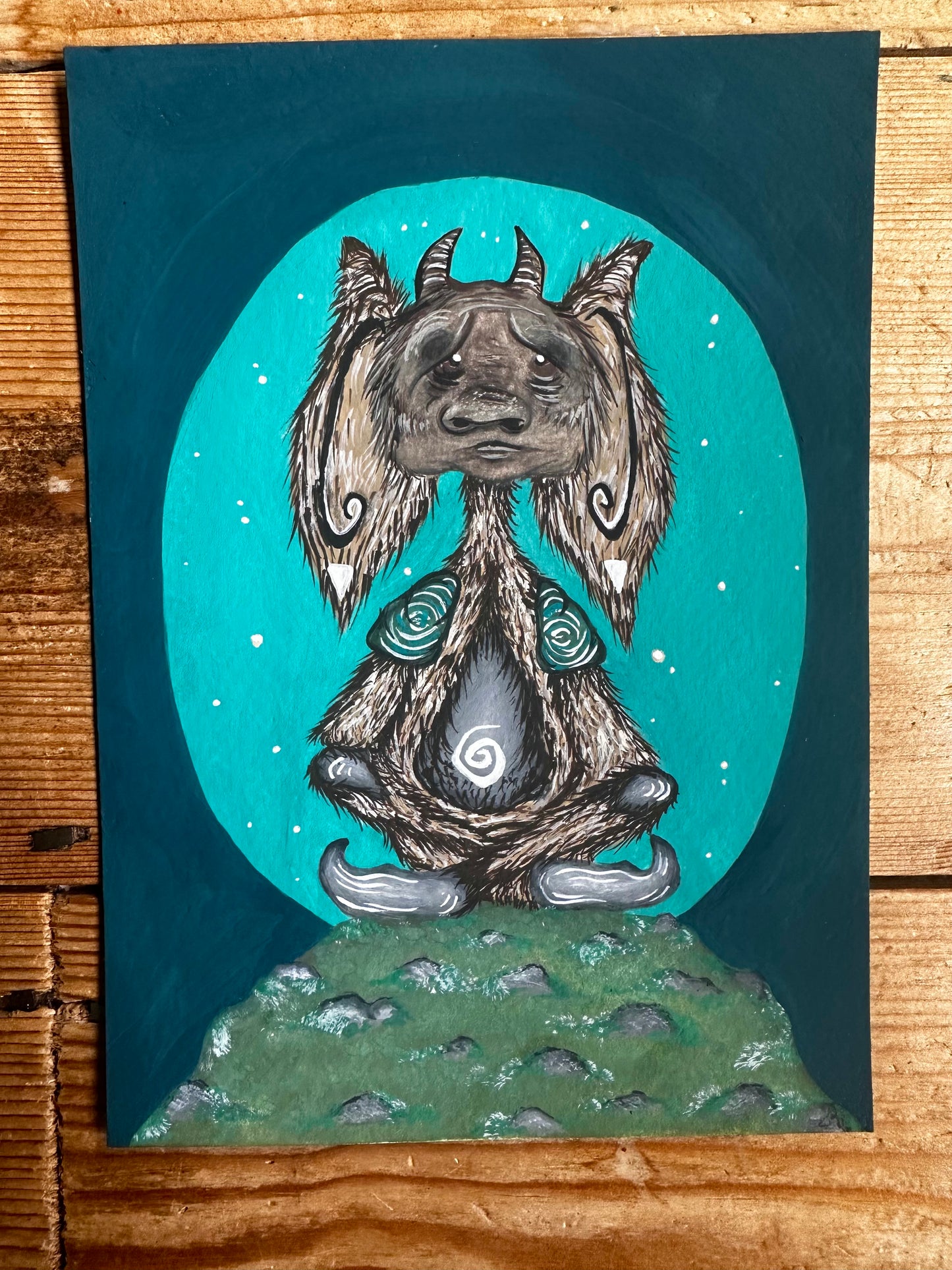 Original creature painting in up-cycled frame.