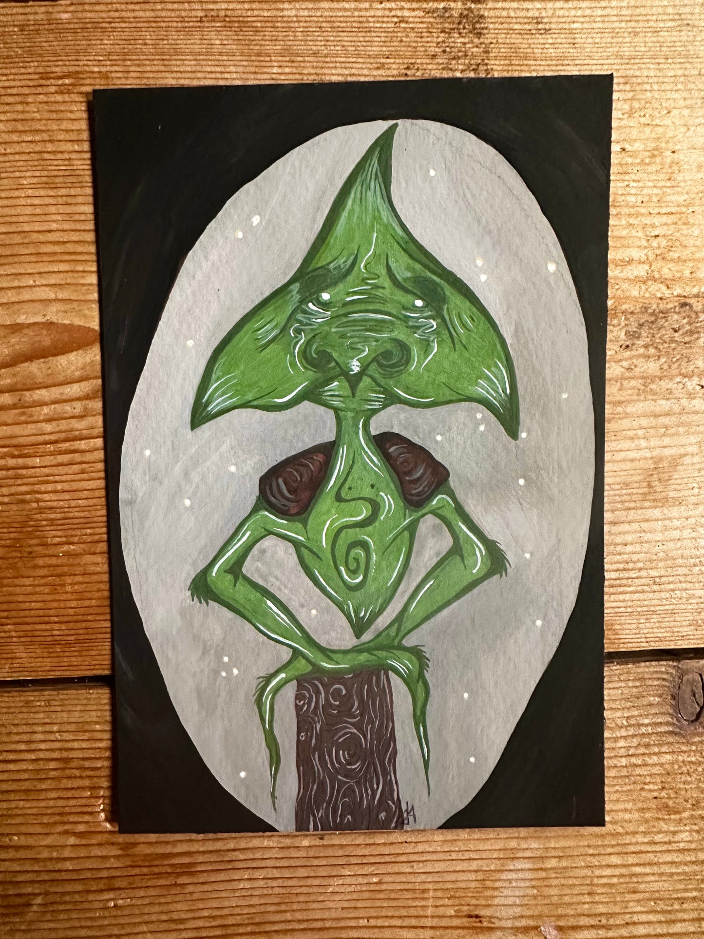 Original creature painting in up-cycled frame