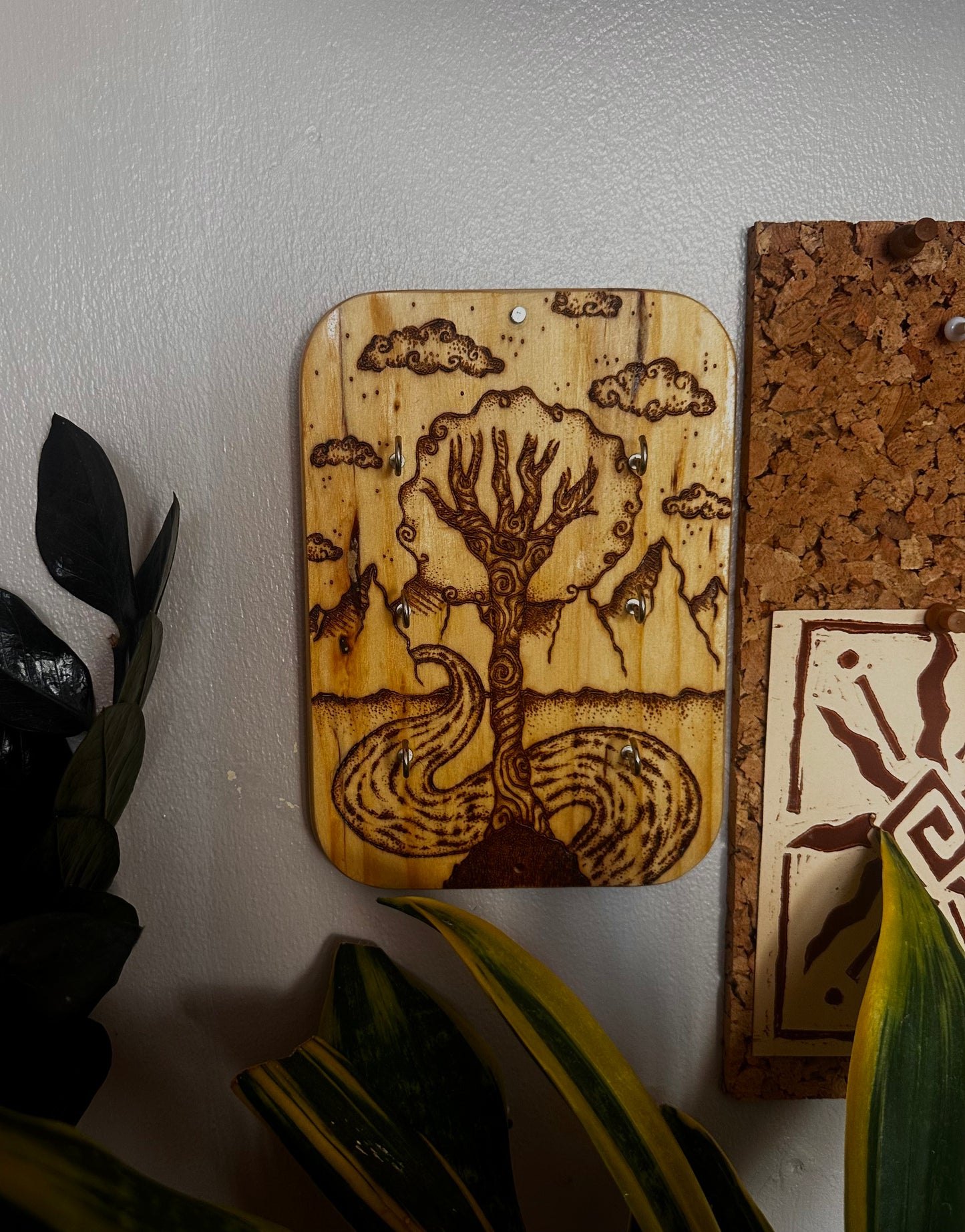Whimsical wood art accessory holder.