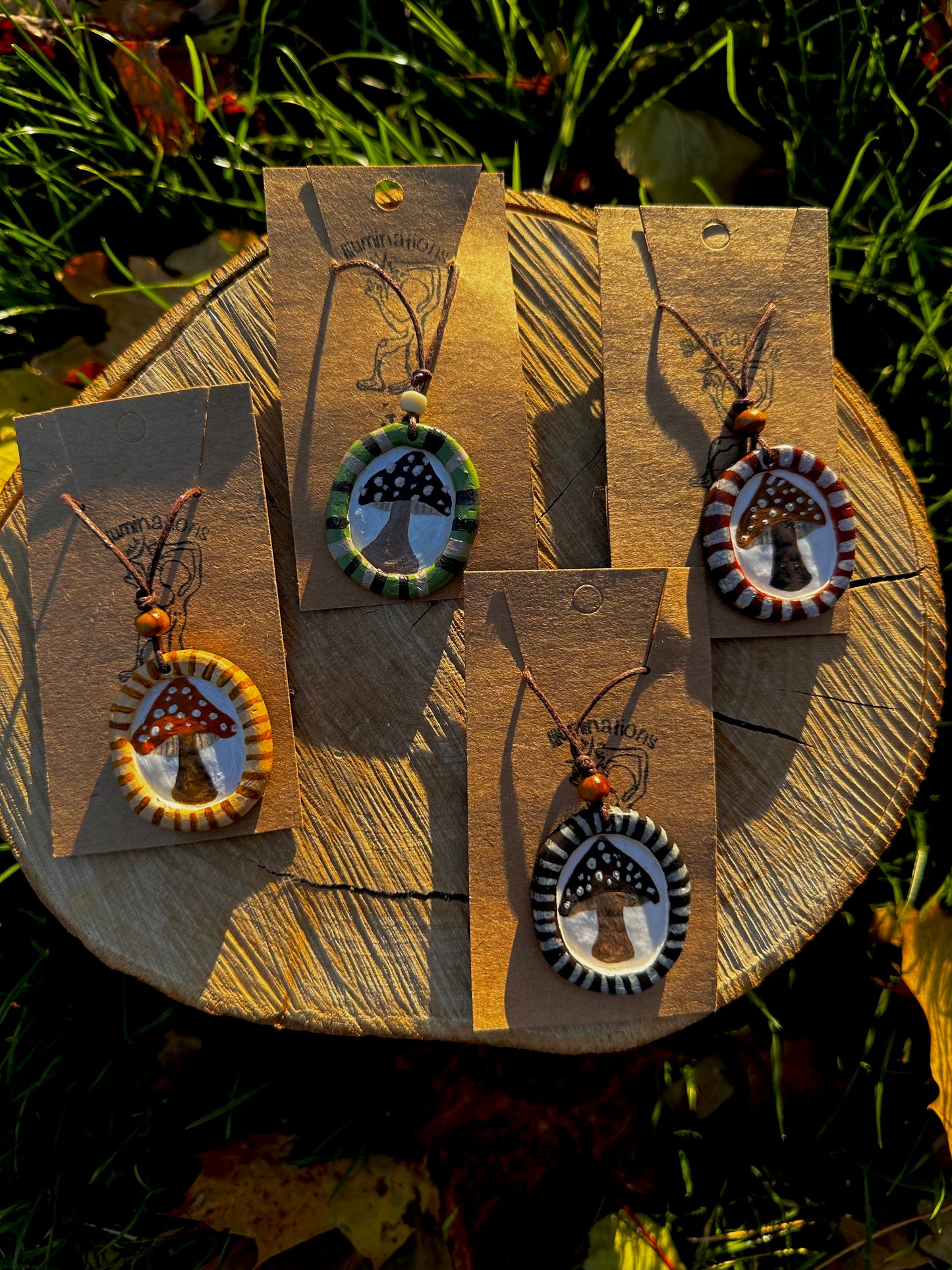 Framed mushroom pendant necklace.