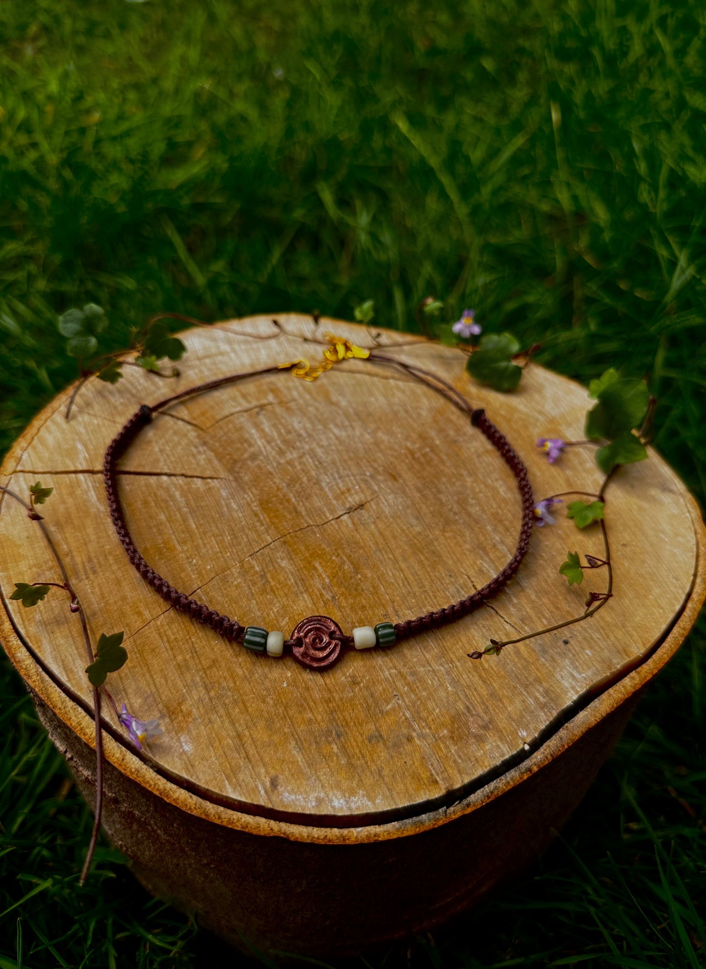 Copper pendant macramé choker necklace.