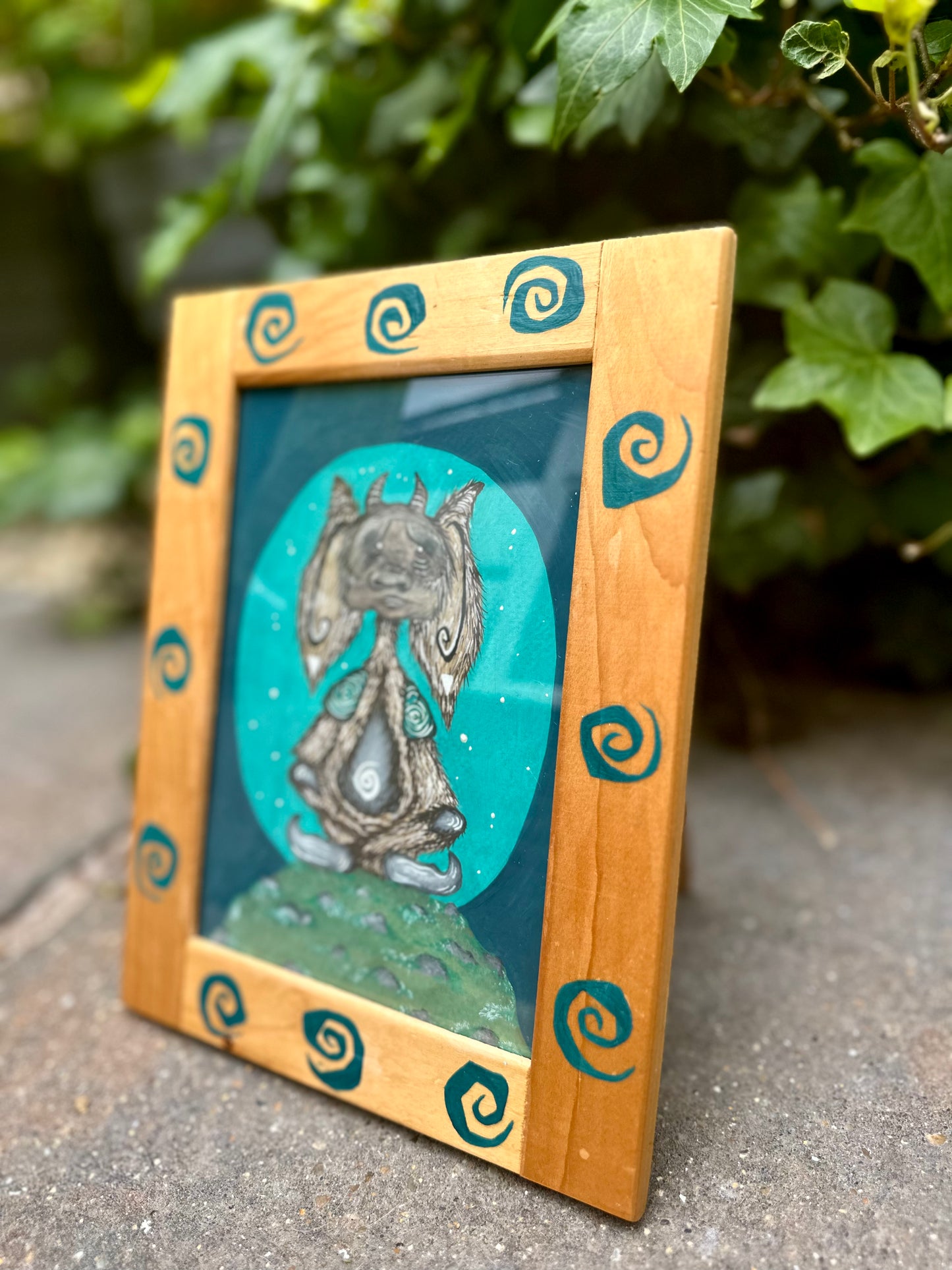 Original creature painting in up-cycled frame.