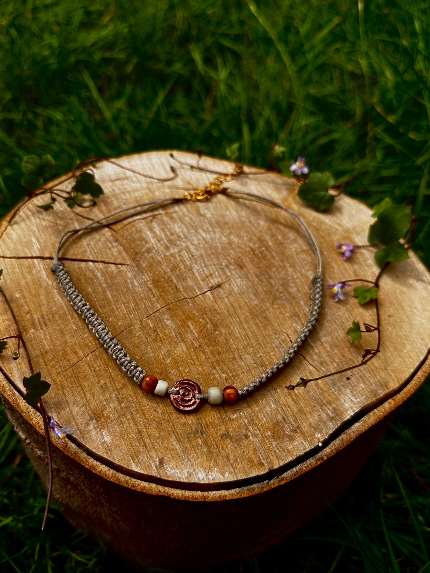 Copper pendant macramé choker necklace.