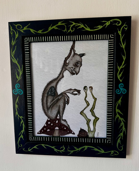 Creature print in painted pre-loved frame.